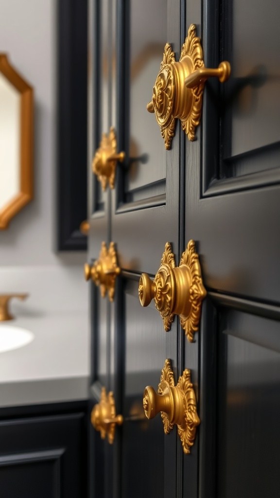 Close-up of ornate gold cabinet hardware on a black bathroom cabinet
