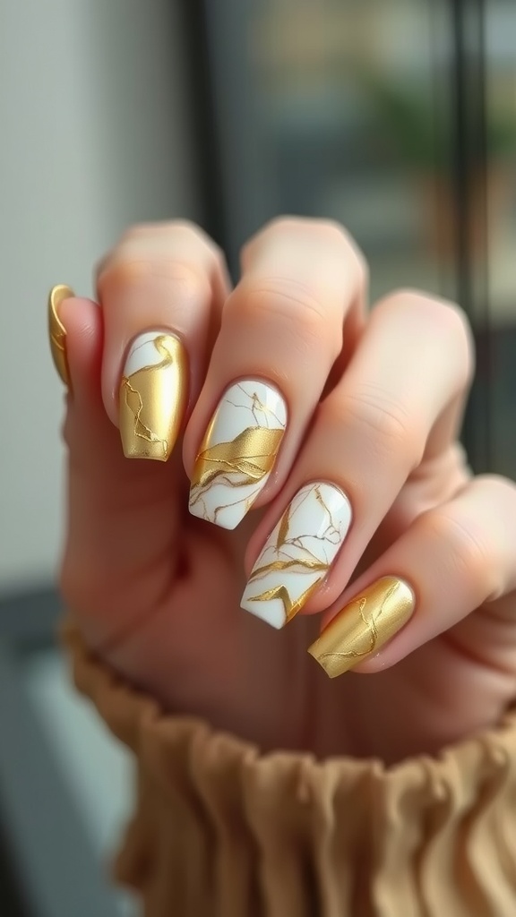 Nails with a luxurious gold marble effect, featuring white and gold designs.