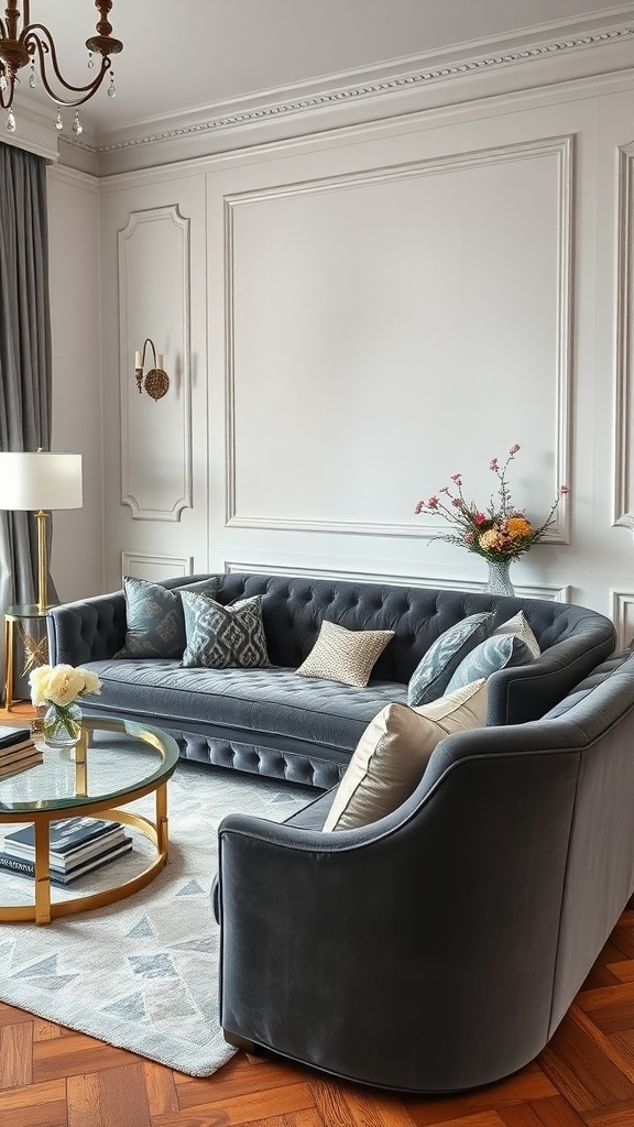A luxurious grey velvet sofa with decorative pillows, a coffee table, and a stylish floor lamp in an elegant living room.