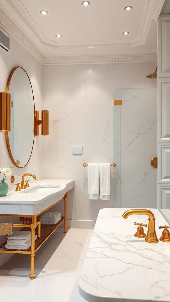Luxurious bathroom featuring marble surfaces and gold accents