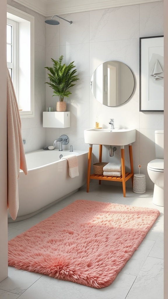 A cozy pink rug on the bathroom floor, adding warmth and style to the space.
