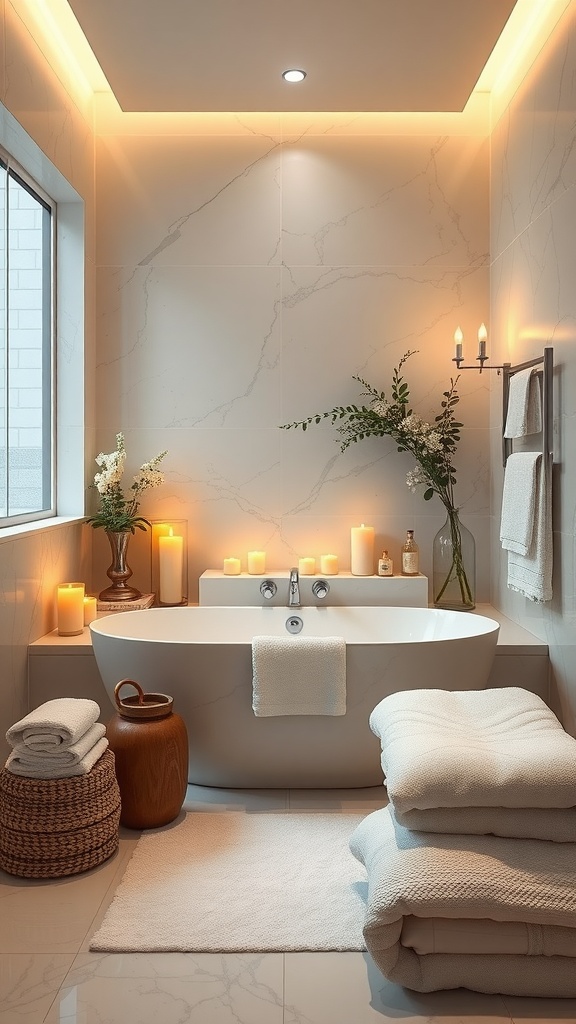 A luxurious spa-like bathroom with a modern bathtub, candles, fresh flowers, and neatly stacked towels.