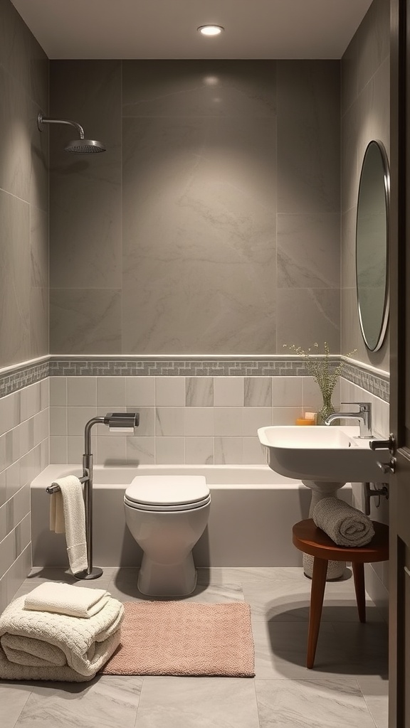A luxurious half bathroom with gray tiles, a round mirror, and modern fixtures, showcasing a minimalist and serene design.