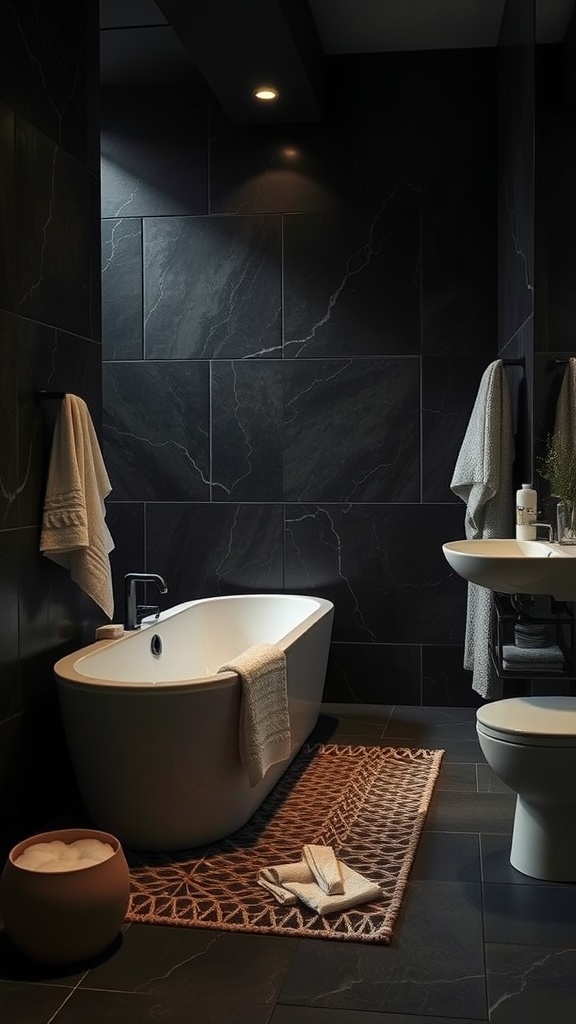 A dark bathroom featuring a stylish bathtub, towels, and a cozy rug on a black tiled floor.