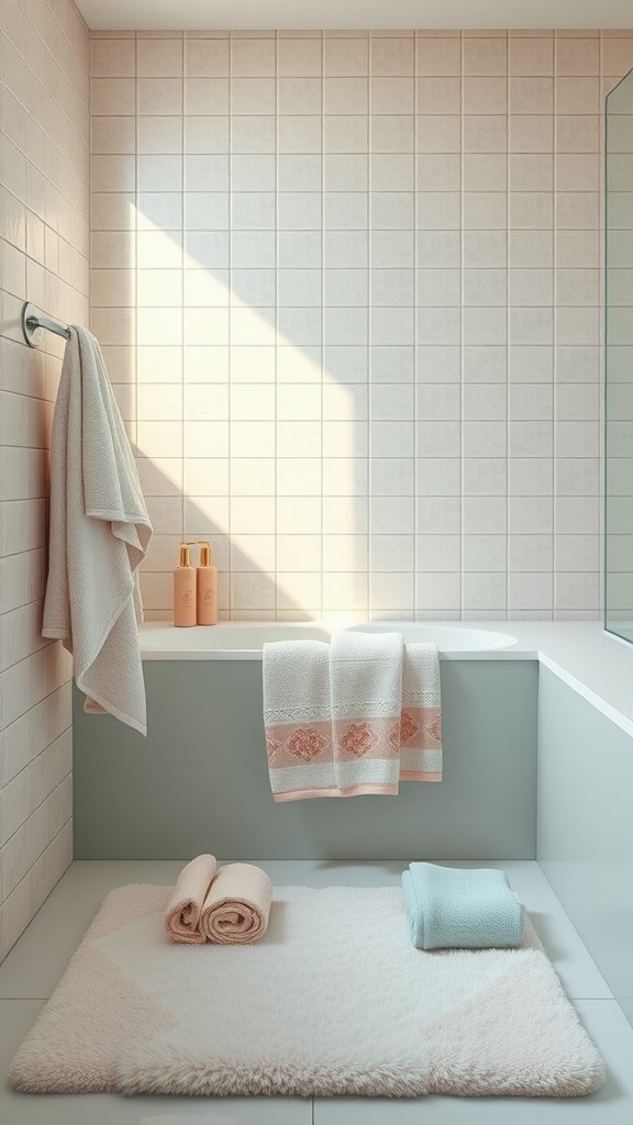 A cozy bathroom featuring soft towels and a fluffy bath mat in light pink and mint colors.