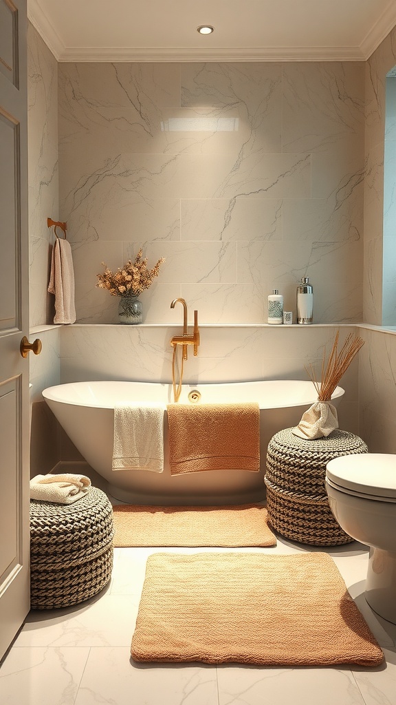 Modern guest bathroom featuring a sleek bathtub, textured mats, and woven ottomans.