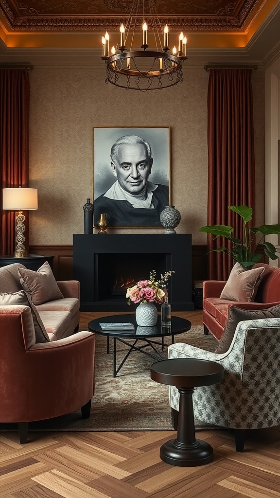 Luxurious living room featuring velvet sofas, elegant curtains, and a cozy fireplace.