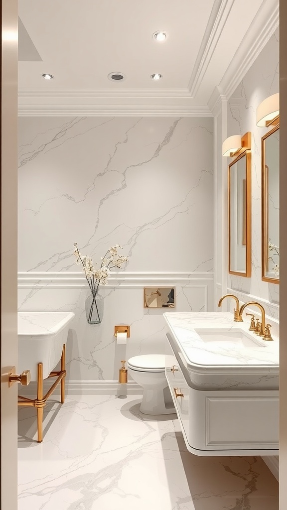 Luxurious jack and jill bathroom with marble finishes and gold accents