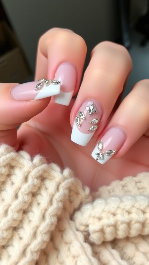 Close-up of luxury jewel accented French tip acrylic nails