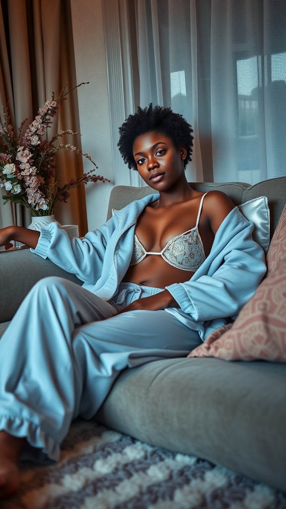 A black woman in light blue luxury loungewear sitting comfortably on a sofa, showcasing a blend of elegance and comfort.