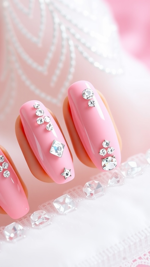 Close-up of baby pink chrome nails adorned with luxury rhinestone embellishments.