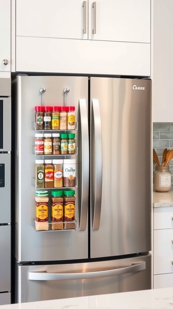 Magnetic spice rack attached to a silver refrigerator, displaying various spice containers.