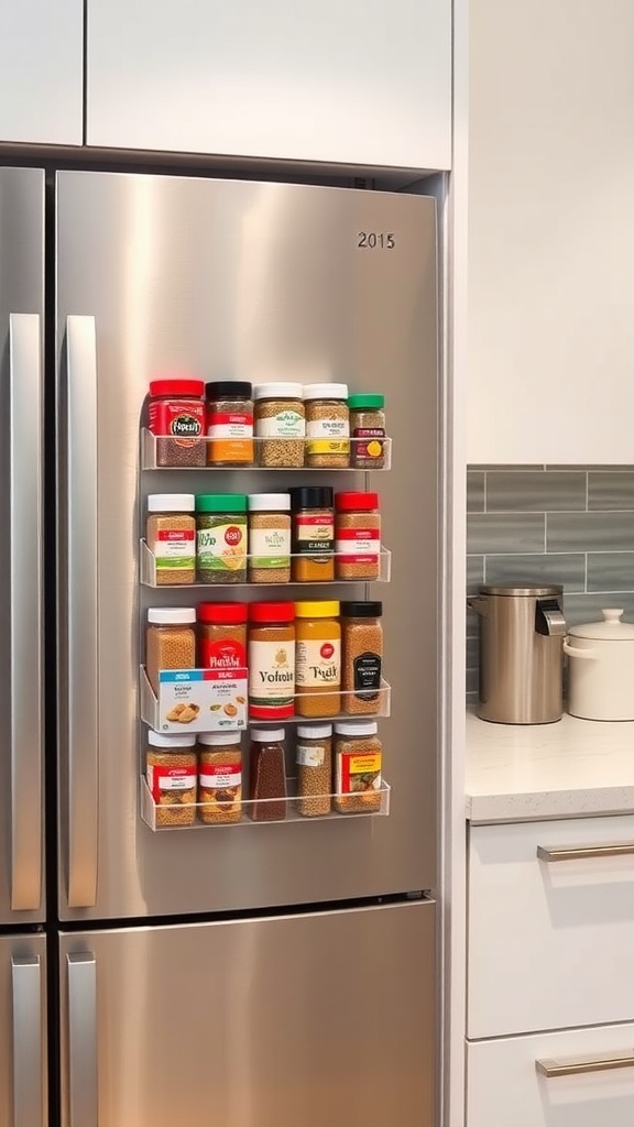 A magnetic spice rack attached to a refrigerator, displaying various spice jars.