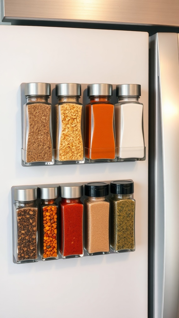 Magnetic spice rack with clear jars on a refrigerator
