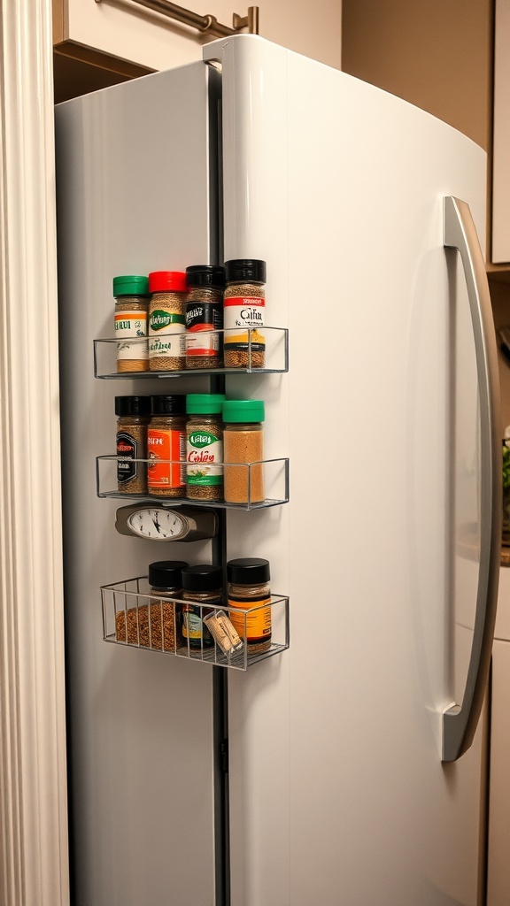 Magnetic spice rack attached to refrigerator with various spice jars and a clock.