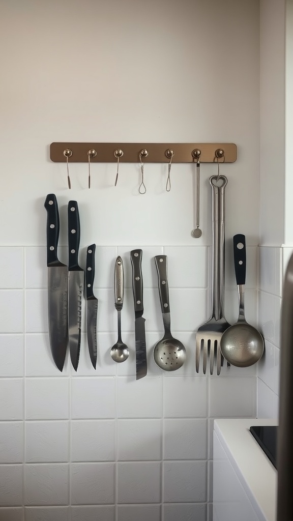 Magnetic strips holding various kitchen tools and utensils