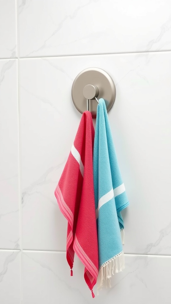 Two towels hanging on a magnetic towel holder on a tile wall.