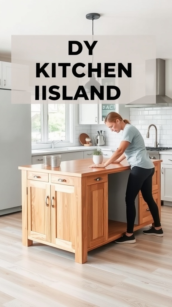 A woman working at a DIY kitchen island, showcasing a modern kitchen design.