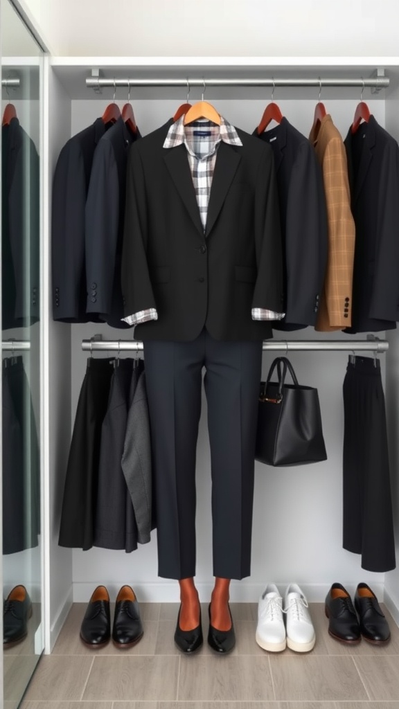 A neatly organized wardrobe featuring business casual outfits for men.