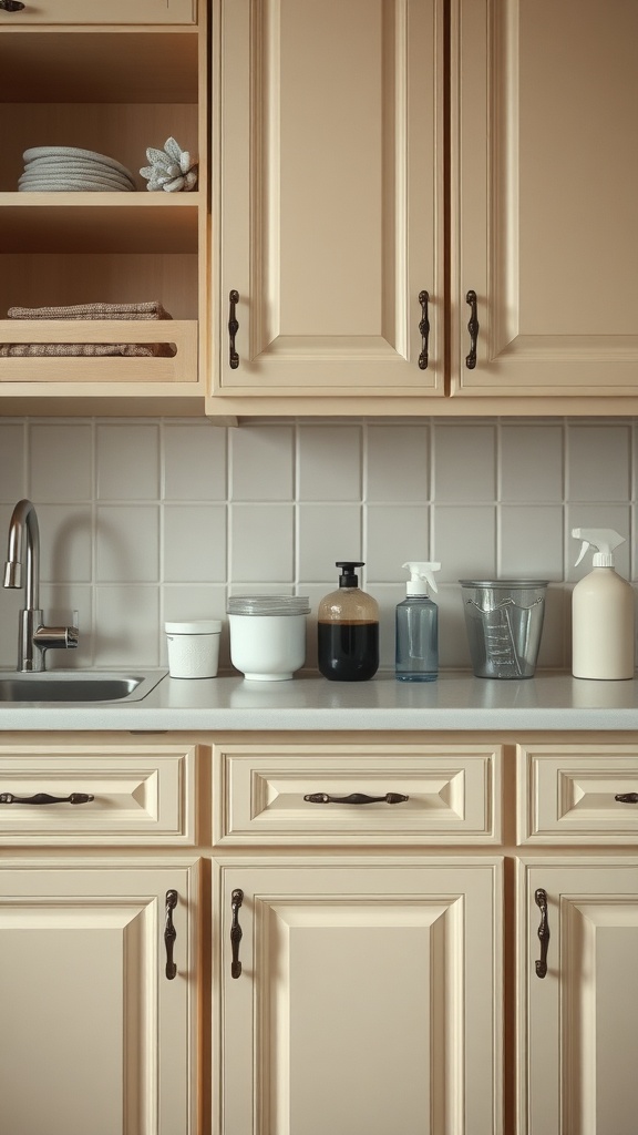 Beautiful cream kitchen cabinets with dark hardware and neatly organized items.