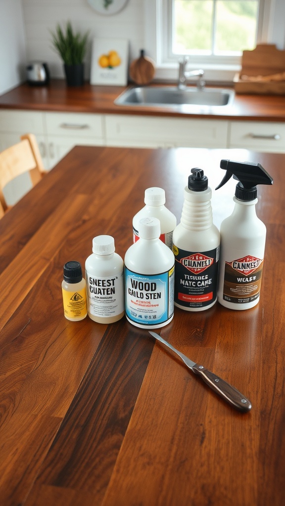 A farmhouse kitchen table with various wood care products and a knife on top.