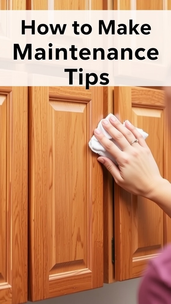 A hand cleaning wood kitchen cabinets with a cloth.