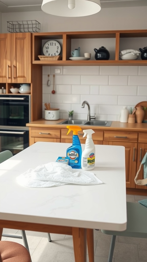A small kitchen table with cleaning supplies and a towel on top.