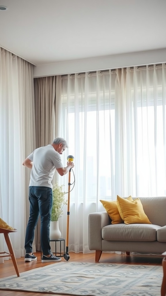 A person cleaning living room curtains with a steam cleaner while standing by a couch and decorative pillows.
