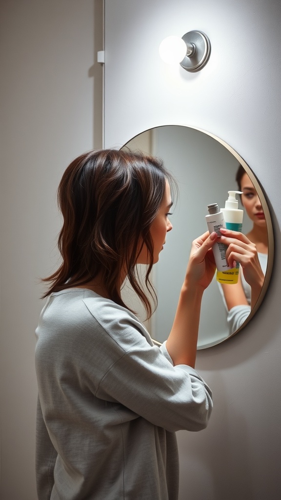A woman looking at her hair products in front of a mirror
