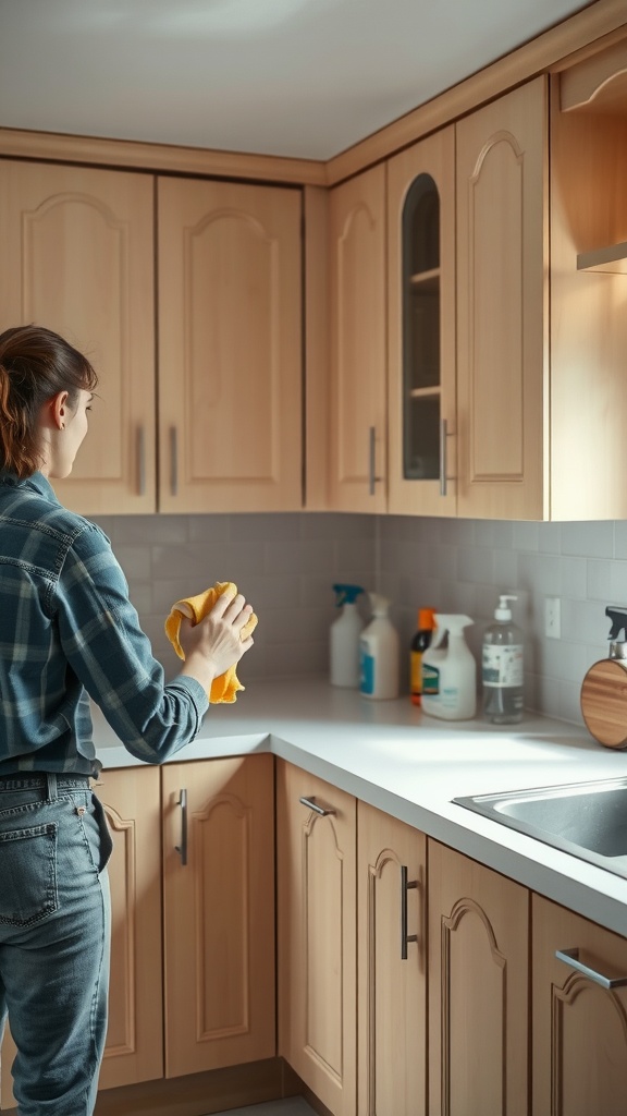 A person cleaning beige kitchen cabinets with a cloth in a bright kitchen setting.