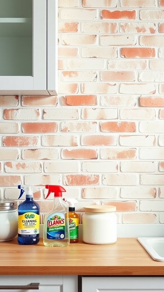 Cleaning supplies on a kitchen counter next to a brick backsplash.