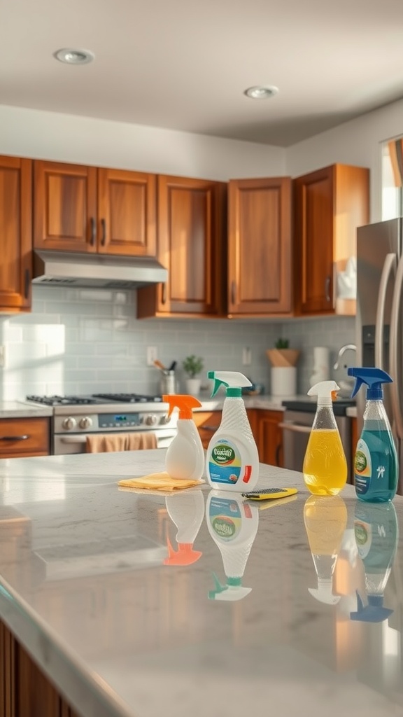 A kitchen with brown cabinets and cleaning supplies on the countertop