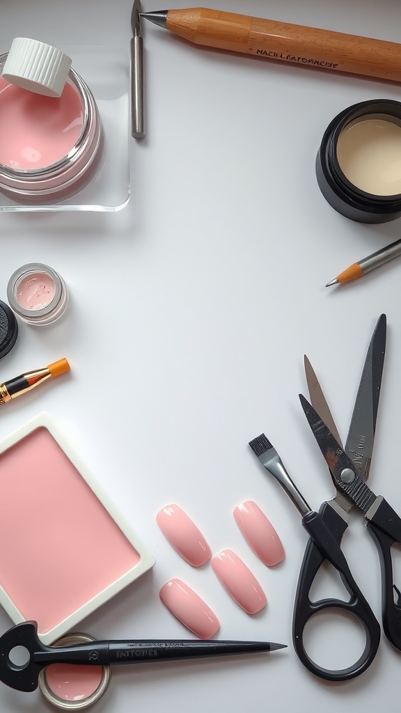 A flat lay of nail care products and light pink chrome nails on a white surface.