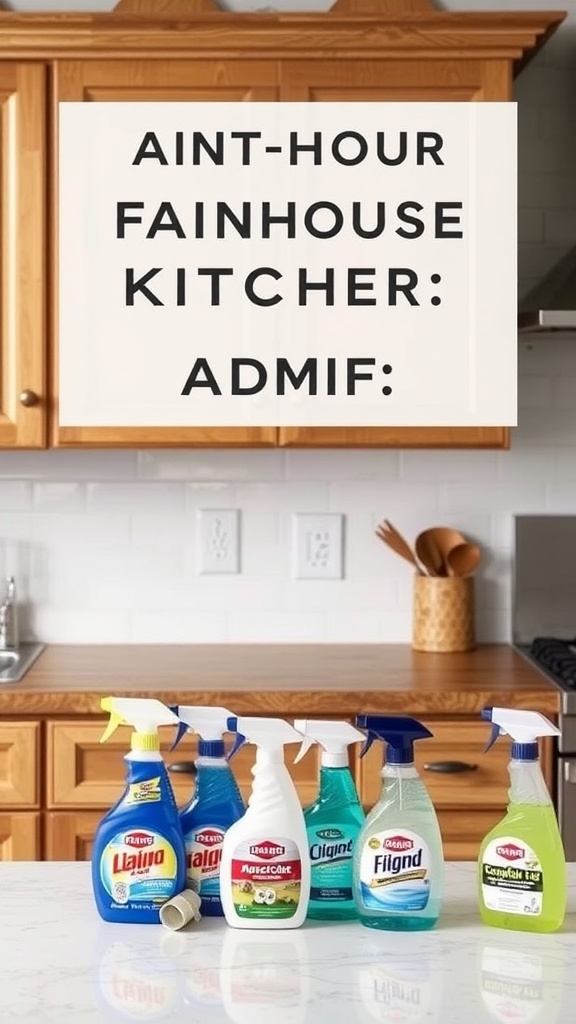 various cleaning products for maintaining farmhouse kitchen cabinets