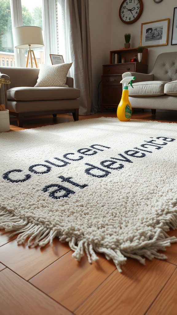 A cozy living room featuring a cream rug with text, a spray cleaner, and comfortable seating.