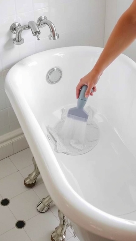 A person cleaning a clawfoot tub with a brush.
