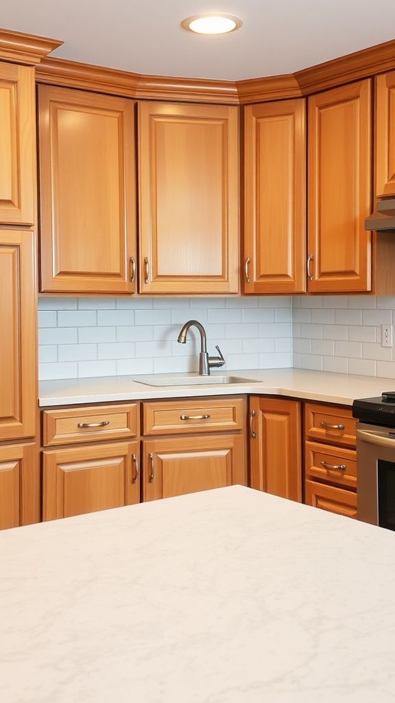 Maple kitchen cabinets with a modern design and white backsplash