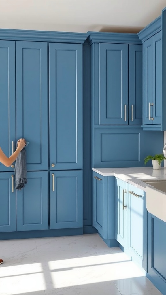A bright kitchen featuring painted blue cabinets, with a person wiping one of the cabinets.