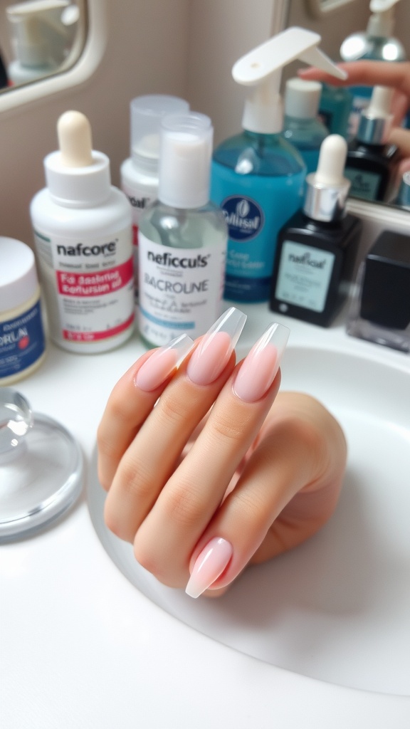 A close-up of well-maintained clear acrylic nails with various nail care products in the background.
