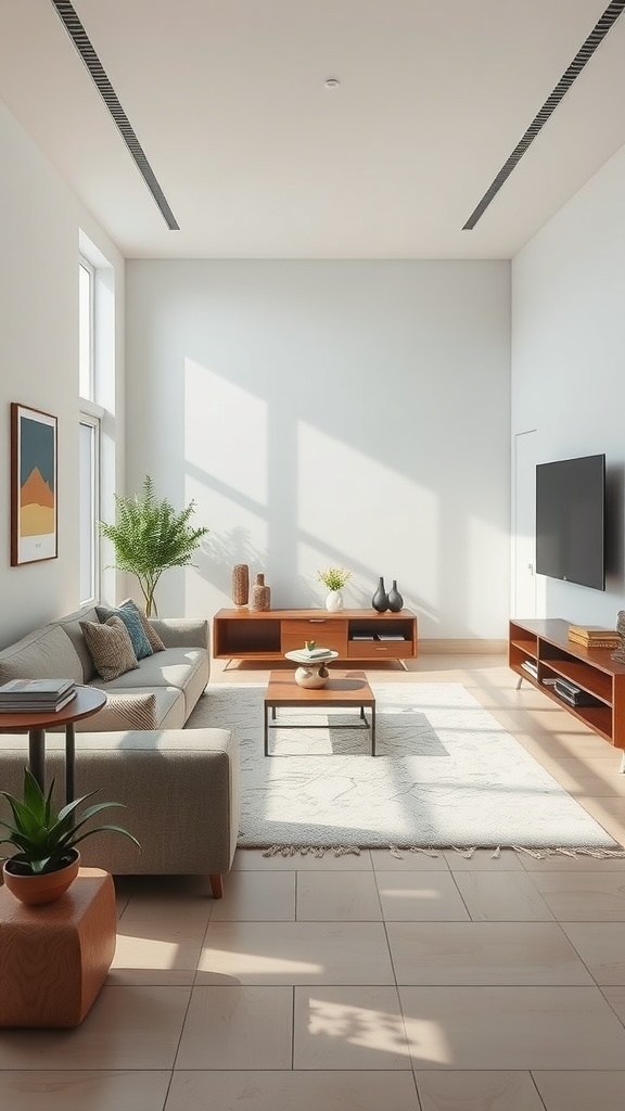 A bright and modern sunken living room with a cozy sofa, wooden furniture, and plants.