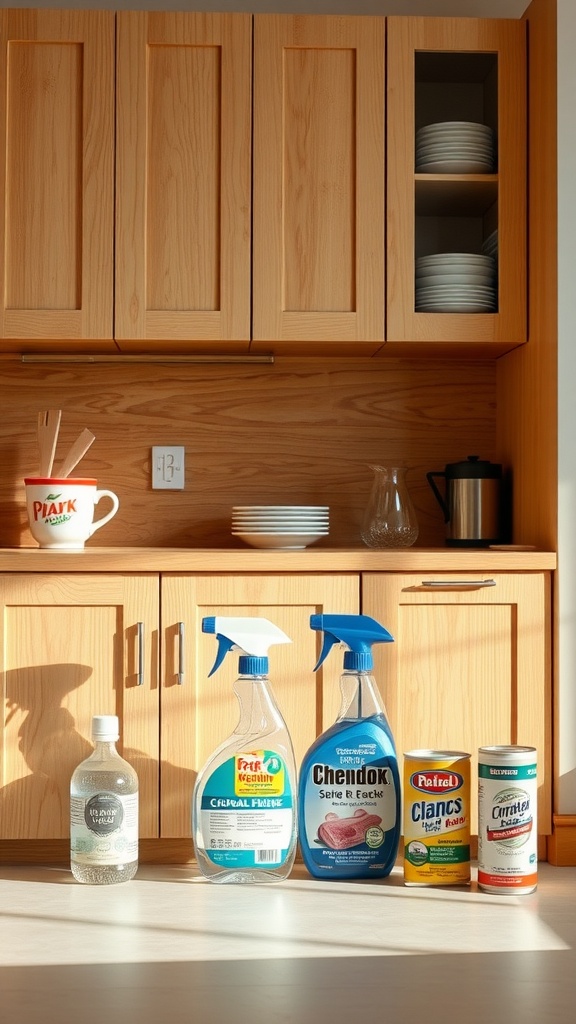 Clean white oak kitchen cabinets with cleaning supplies in a sunny kitchen setting.
