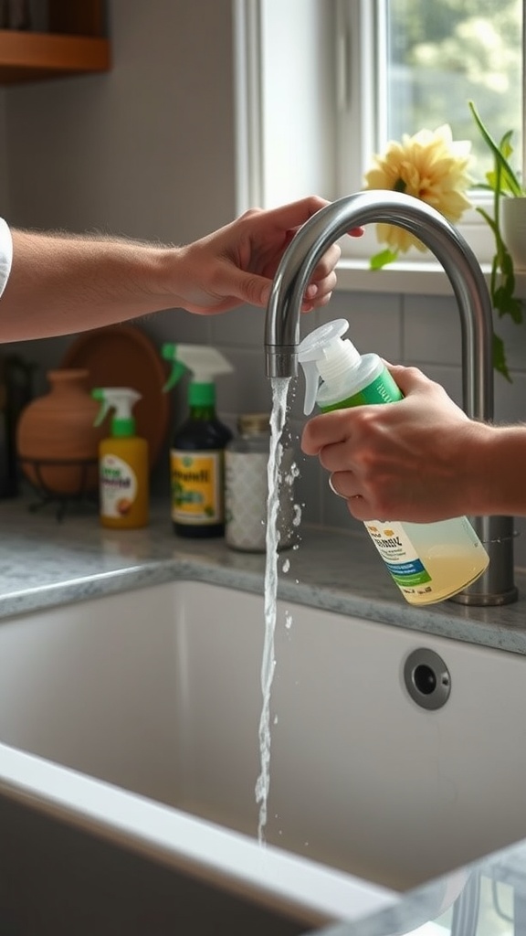 A person pouring dish soap into a farmhouse sink while water flows from the faucet