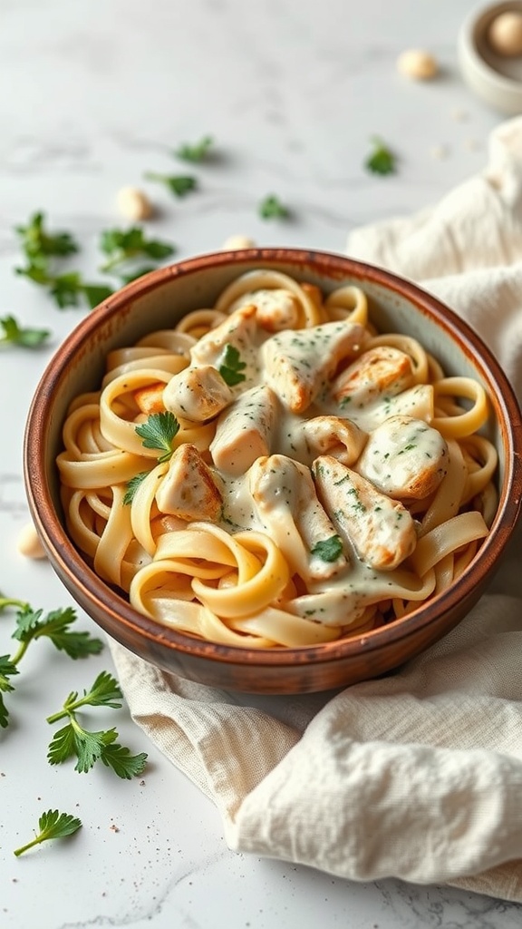 Vegan-friendly Chicken Alfredo with fettuccine, chickpeas, and creamy sauce.