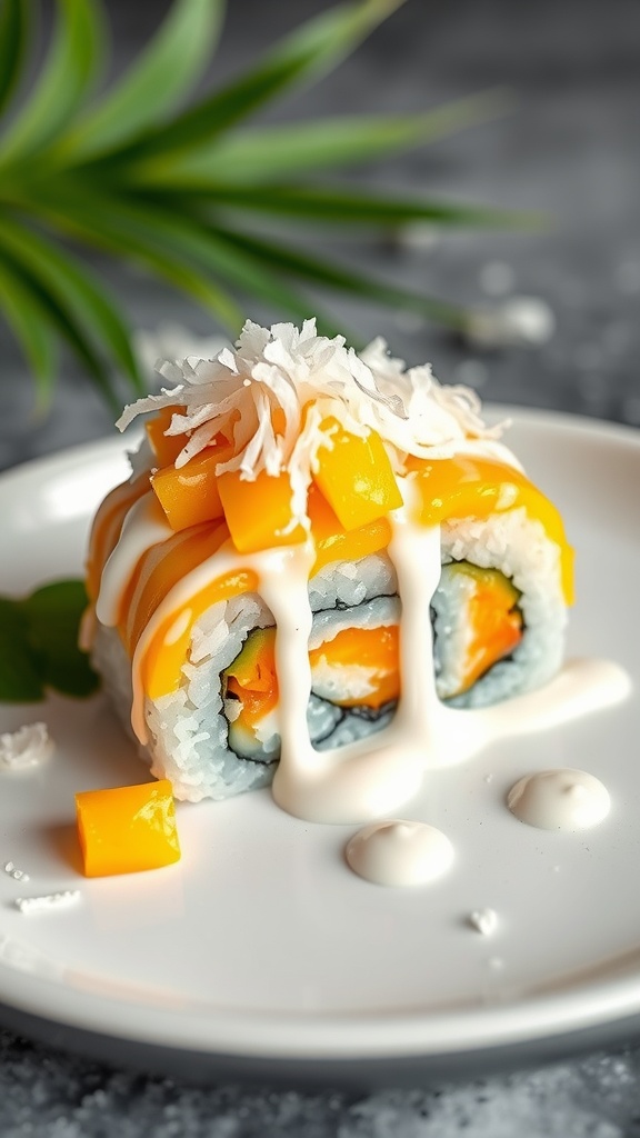 A delicious serving of mango and coconut sushi on a plate