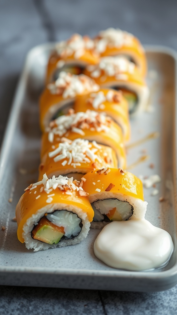 Mango and Coconut Sushi Dessert featuring sweet mango and coconut flavors.