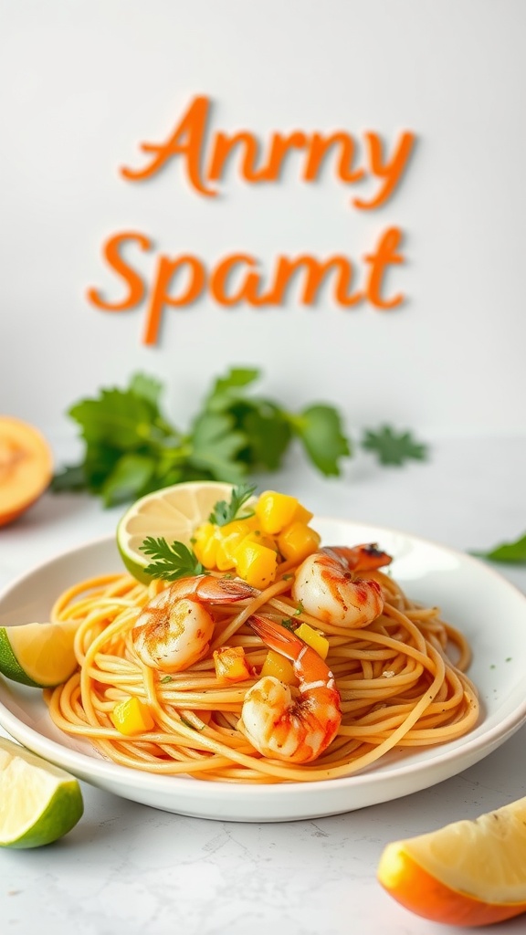 A plate of spaghetti topped with shrimp and mango salsa, garnished with lime wedges and cilantro.