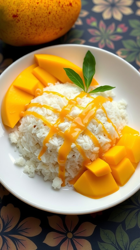 A plate of mango sticky rice with coconut sauce and fresh mango slices