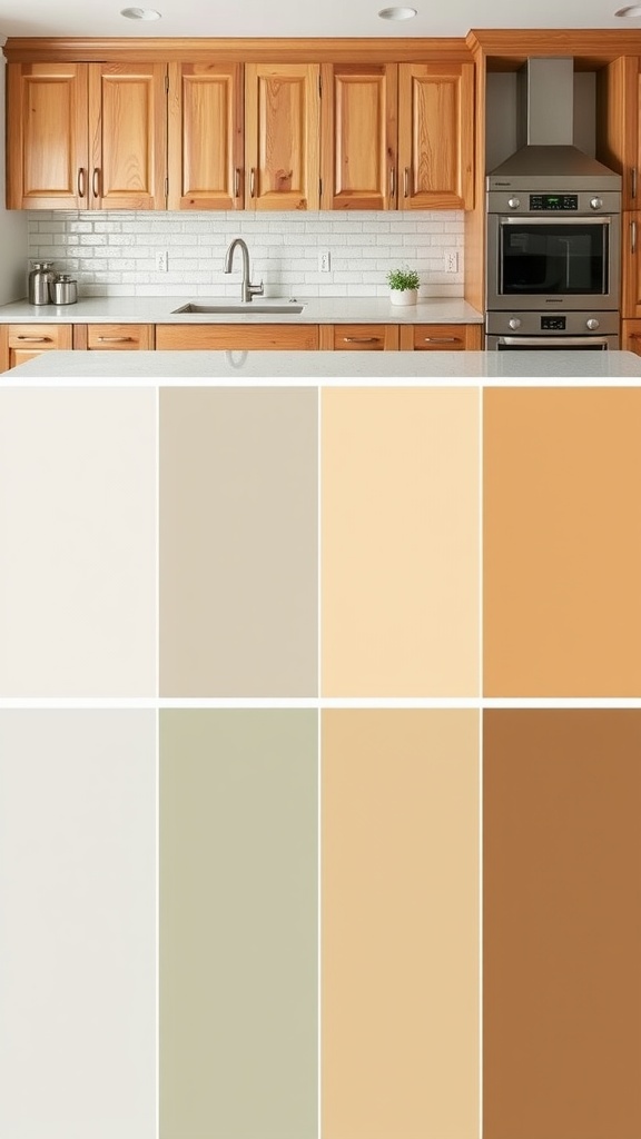 A kitchen featuring maple cabinets with a color palette underneath.