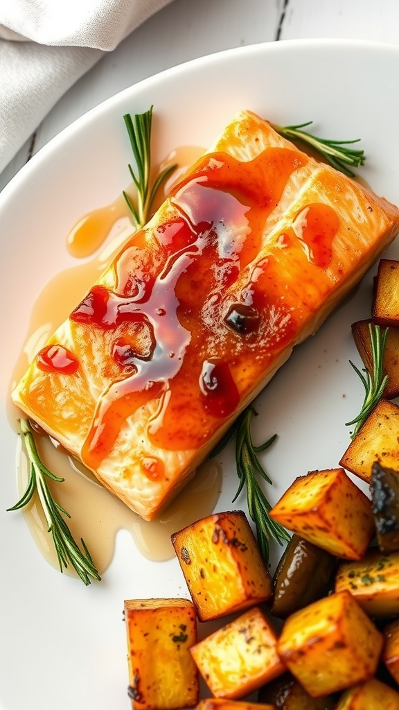 A plate of maple glazed air fryer salmon with rosemary and roasted vegetables.