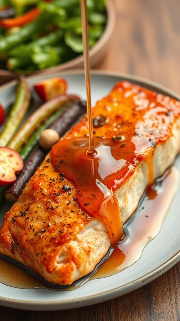 Plate of maple glazed salmon with vegetables and salad